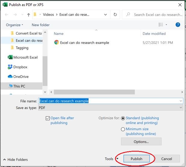 Convert Excel to a PDF - Publish button.