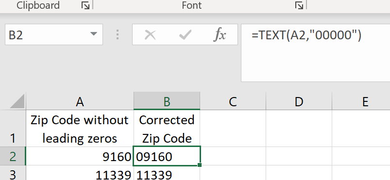 Fix leading zeros in zip codes in ten seconds with TEXT formula.